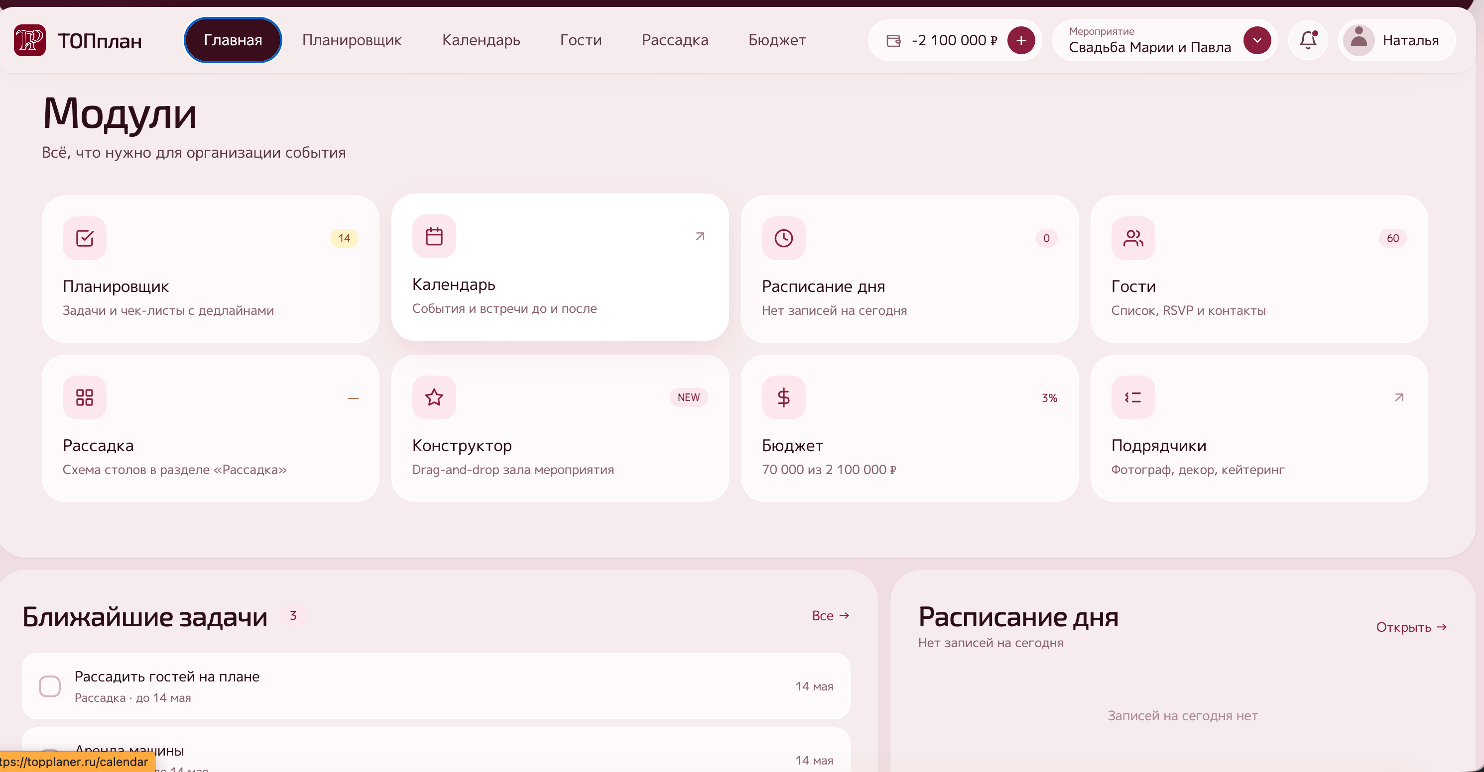 Главная панель ТОП ПЛАНЕР